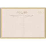 Vintage linen-textured postcard blank with sepia-toned text, framed in a simple light wood frame.