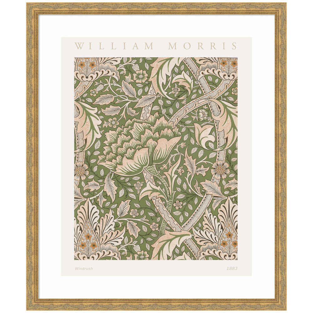 Framed art poster featuring intricate floral pattern with green background, William Morris Windrush 1883
