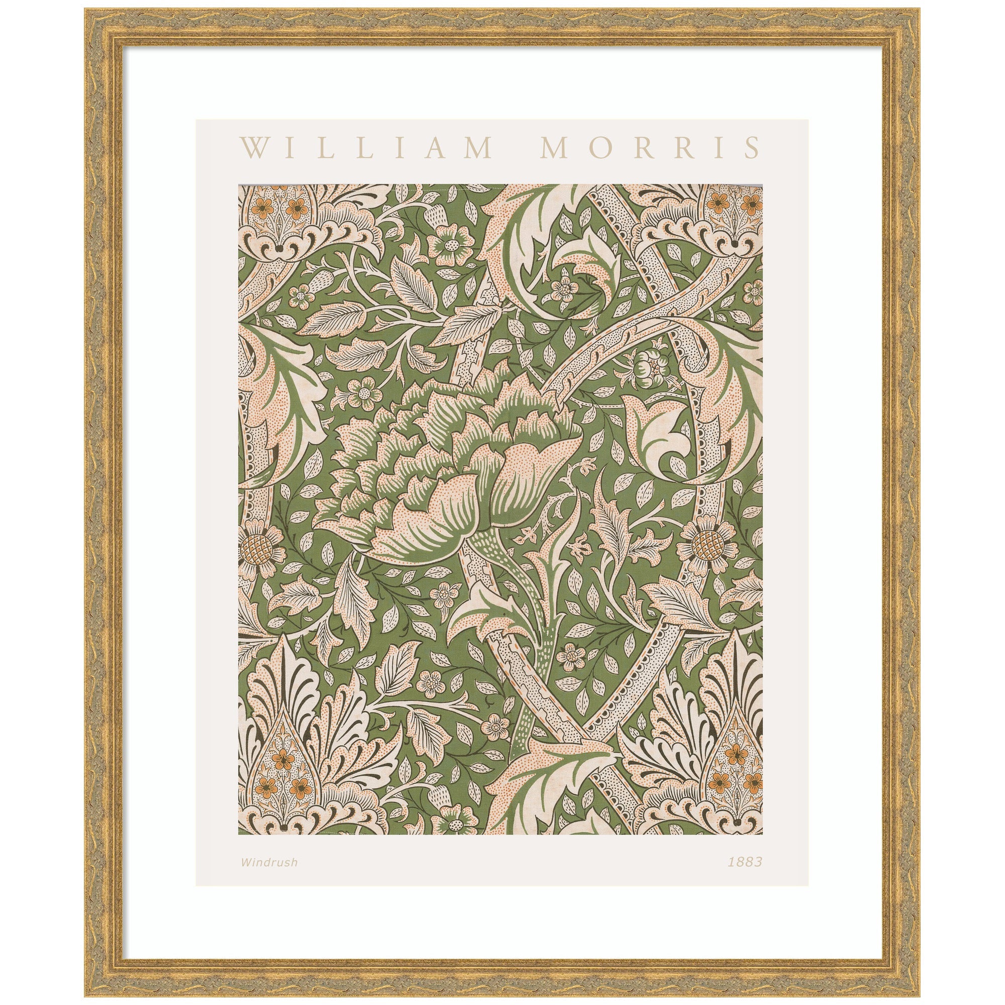 Framed art poster featuring intricate floral pattern with green background, William Morris Windrush 1883
