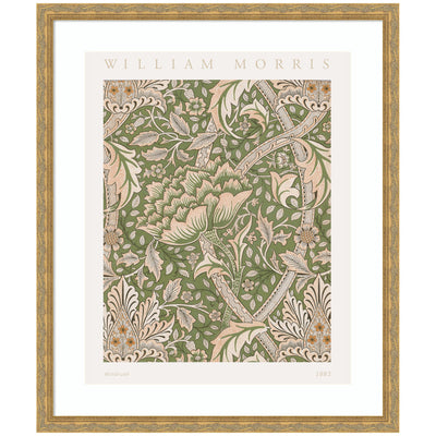 Framed art poster featuring intricate floral pattern with green background, William Morris Windrush 1883