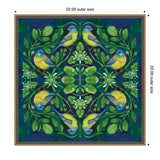 Symmetrical nature-inspired artwork with four yellow and blue birds surrounded by green leaves and white flowers on a deep green and blue background.