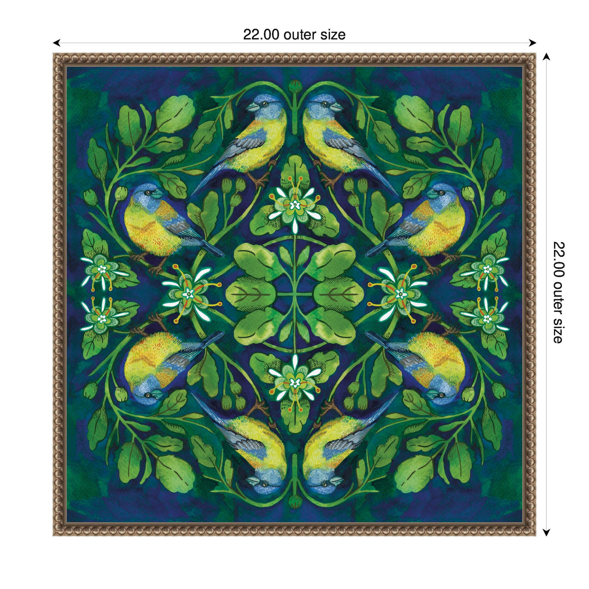 Symmetrical nature-inspired artwork with four yellow and blue birds surrounded by green leaves and white flowers on a deep green and blue background.