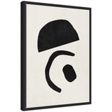 Abstract black shapes on off-white background forming a minimal geometric composition, with a half-oval shape above a curved line and a smaller solid oval inside, framed in black.