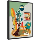 Illustration of a dog sitting next to a tall surfboard, with a small table holding a red bottle and glass, a teal chair with a colorful pillow, a plant, and a framed abstract fish artwork on a green and beige wall.