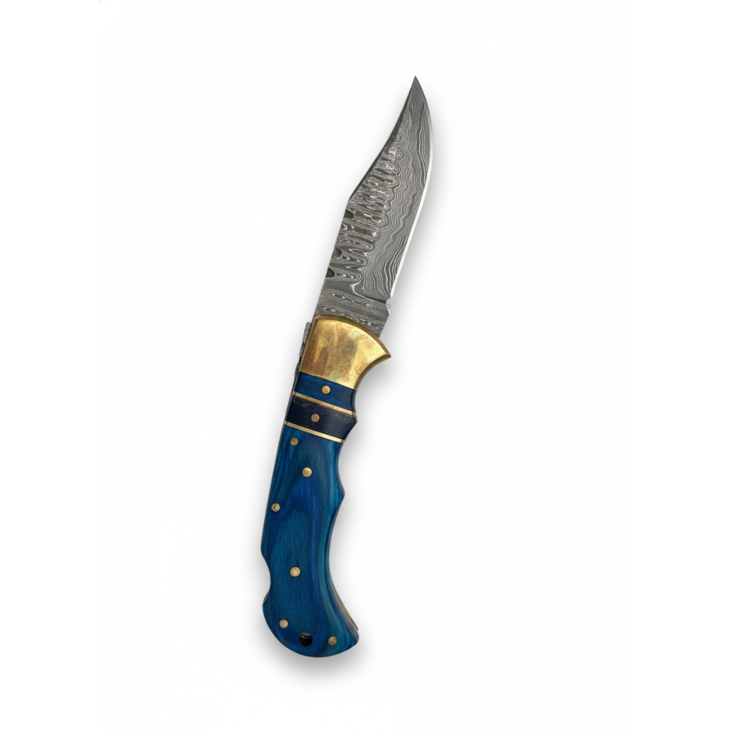 Blue Ridge Damascus Folding Knife - TF-088 with blue wood handle and brass bolsters