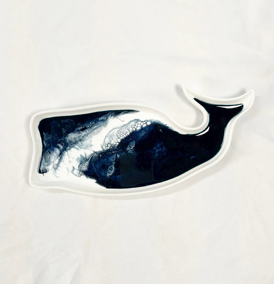 Ceramic whale-shaped tray with hand-poured resin swirls in coastal colors