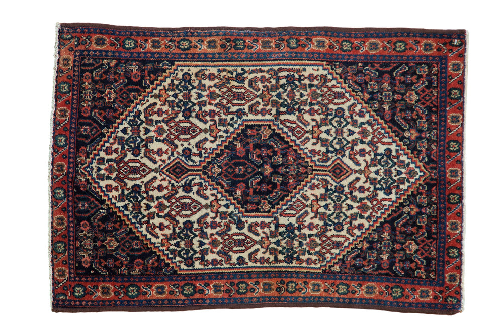2x3 Vintage Senneh Rug Mat showing hexagonal medallion in deep navy and rust tones with detailed traditional Persian motifs