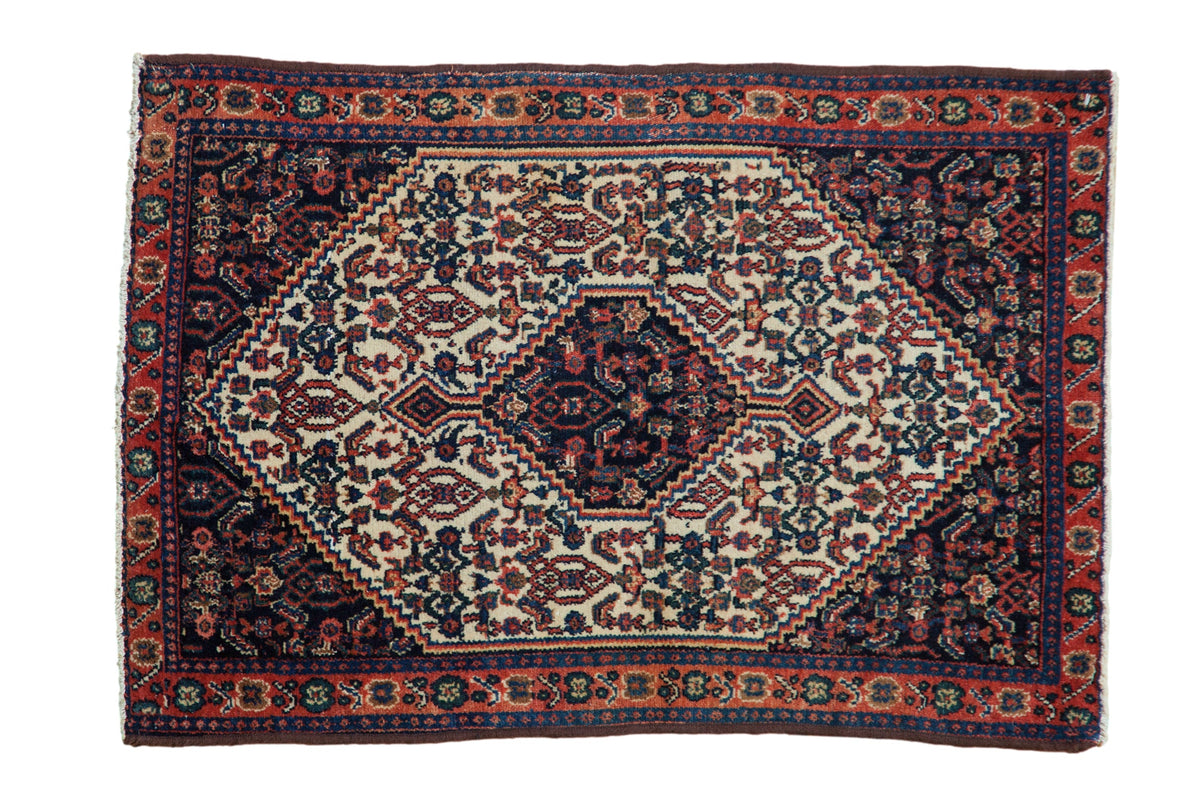 2x3 Vintage Senneh Rug Mat showing hexagonal medallion in deep navy and rust tones with detailed traditional Persian motifs