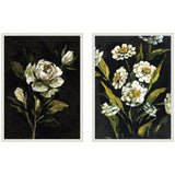 Two framed canvas paintings featuring white flowers with green leaves on a dark background, showcasing detailed brushwork and moody floral compositions.