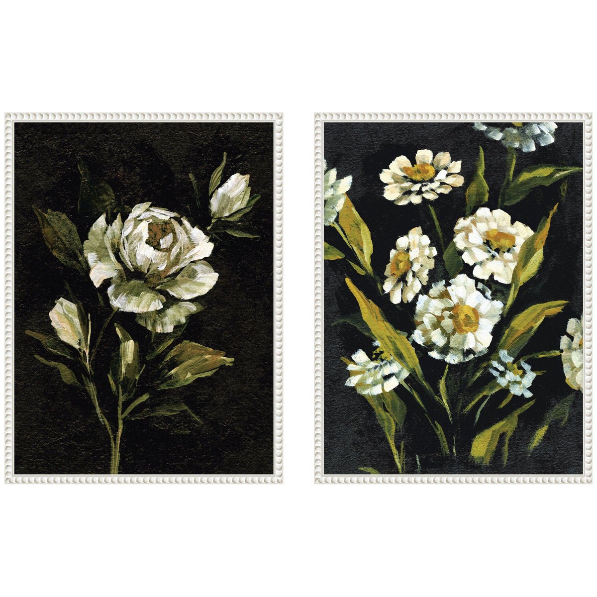 Two framed canvas paintings featuring white flowers with green leaves on a dark background, showcasing detailed brushwork and moody floral compositions.