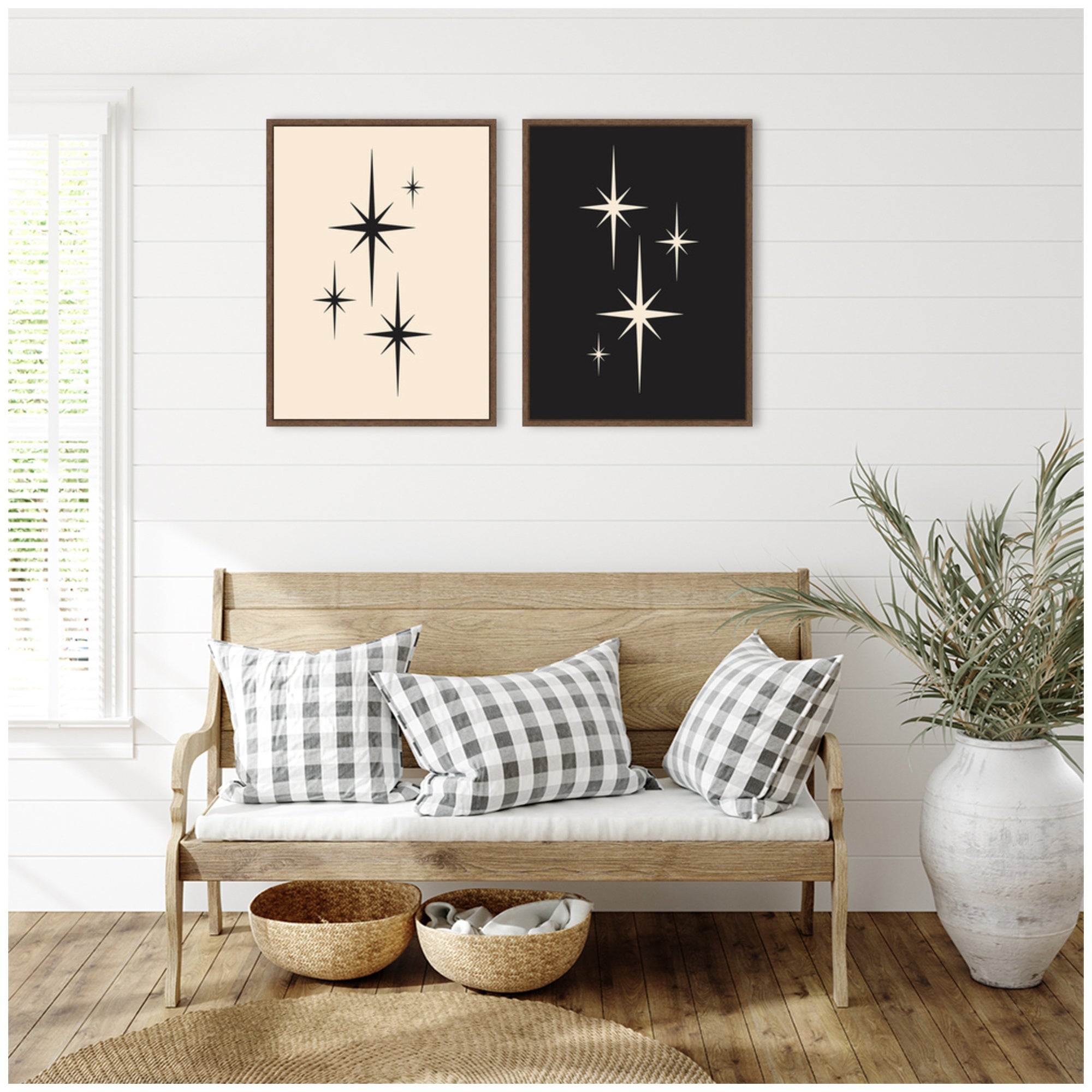 Starburst Retro Atomic 70s Style MCM Minimalist 2 Piece Framed Canvas Wall Art Set by Lucky Guava