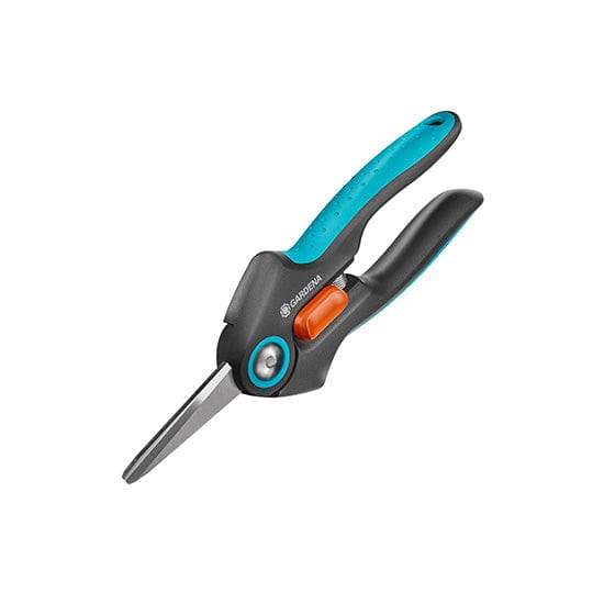 Gardena pruning shears with black and turquoise ergonomic handles and an orange locking button on white background
