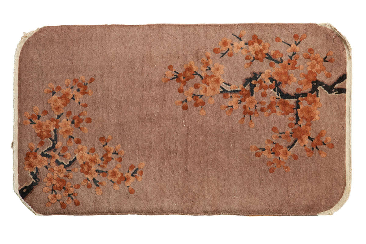 2.5x4.5 Antique Art Deco Rug displaying corkscrewed tree corner designs and cherry blossom flowers in dusty mauve, oxidized silver, navy blue, terracotta, and sandalwood.