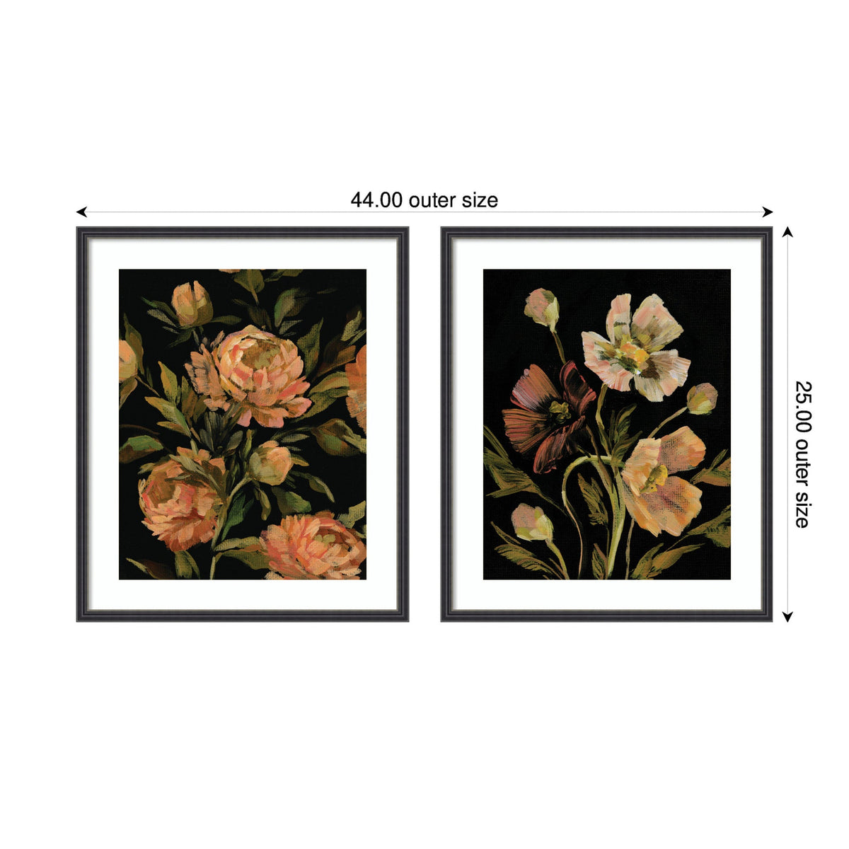 Two framed floral prints side by side, each featuring different orange and white flowers with green leaves on a black background, with the frame size marked 44 by 25 inches.