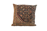 XL Vintage Rug Fragment Pillow 24x24 featuring antique Persian Fereghan rug fragment with navy and multi-color accents