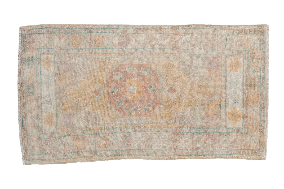 2x4 Vintage Distressed Oushak Rug Runner with octagonal medallion and floral borders in dusty gold and turquoise colors