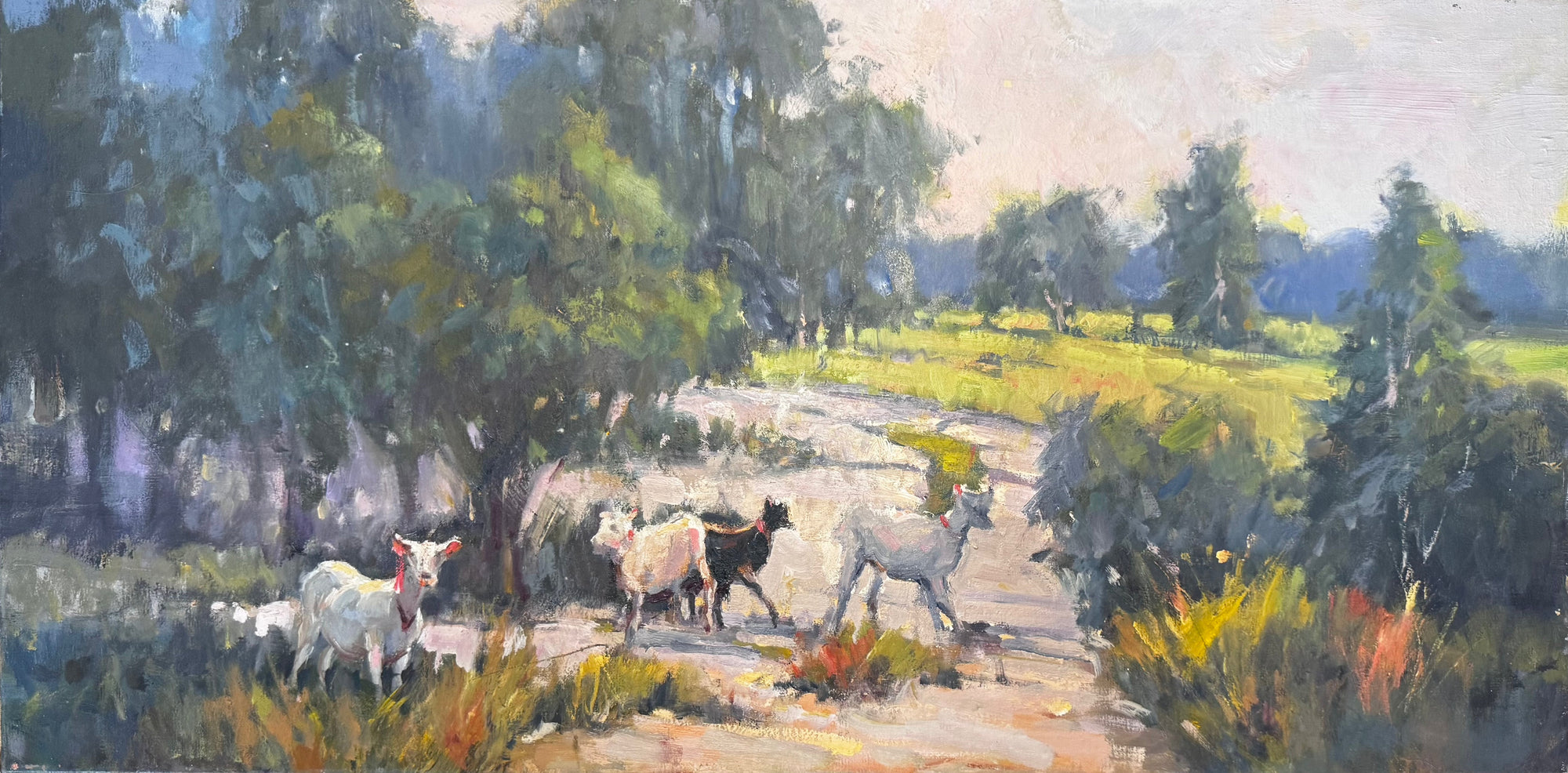 One Hundred and Twenty Four artwork showing a plein air landscape on board in a gold float frame