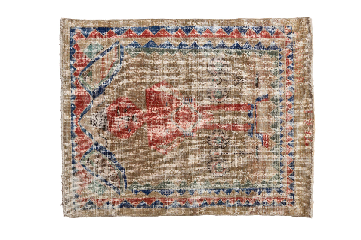 3x3.5 Vintage Distressed Sparta Square Rug with human figure and botanical motifs in faded reds, blues and greens