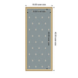 Rectangular block print fabric pinboard in muted blue with a pattern of evenly spaced small white botanical motifs, framed in light natural wood, shown with size measurements.