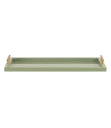 Rectangular sage green tray with raised edges and gold metal handles on each end, shown from front view on a white background.