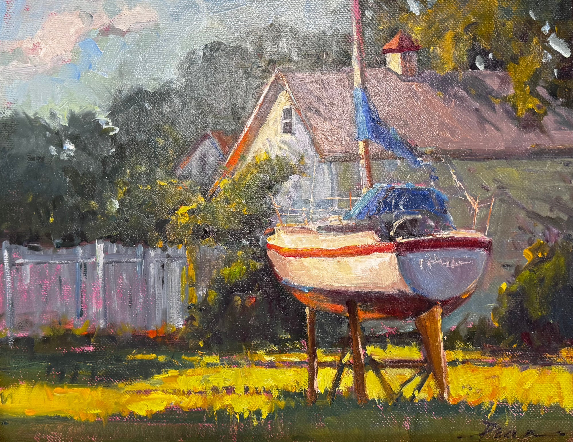 Framed plein air painting titled 'One Hundred and Twenty Six' by John Beard Collection showing a coastal landscape scene.