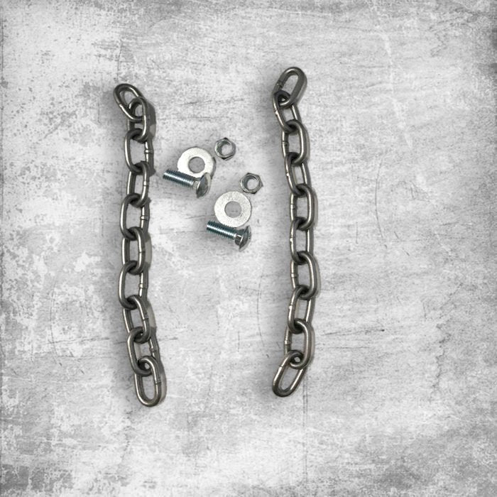 Hanging Chain with Nuts and Bolts kit by Shooting Targets USA with two metal chains, nuts, washers, and bolts laid out on a surface