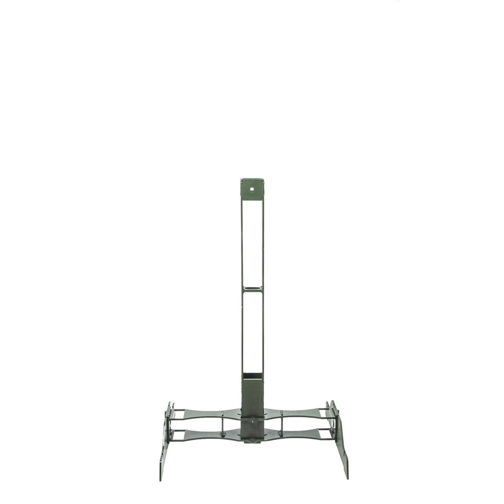 Green metal shooting target stand with a tall vertical frame and angled support legs extending outward for stability, shown from the front on a white background.