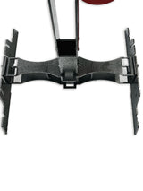 Close-up of a black metal bracket with two hinged side panels featuring notches and a central clamp mechanism, set against a white background.