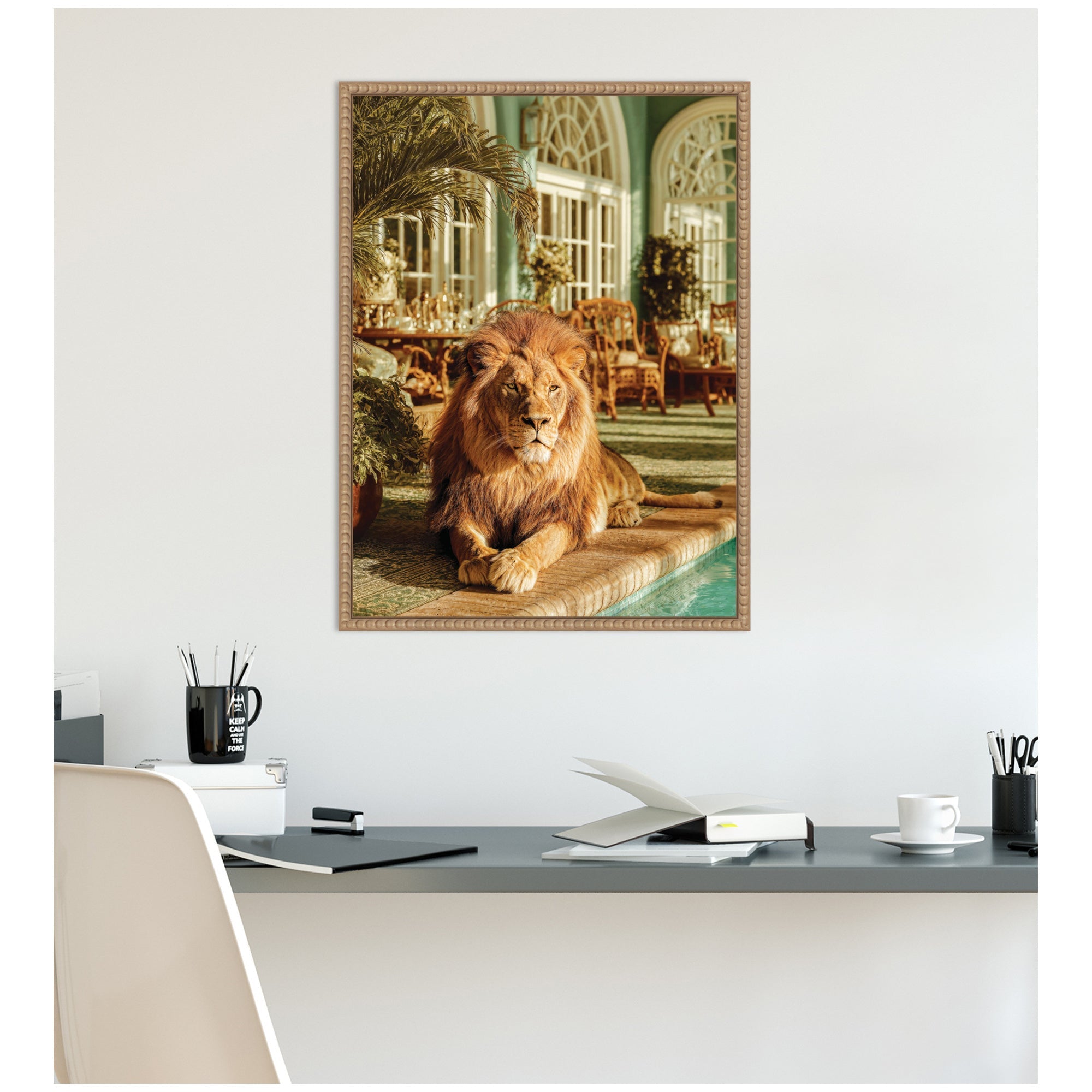 Majestic Lion by the Pool by Michael Schauer Framed Canvas Wall Art Print