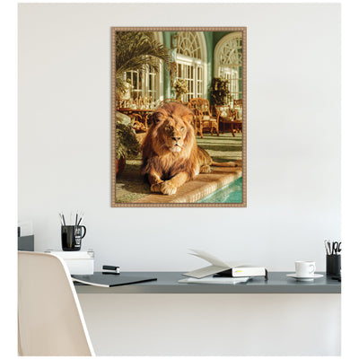 Majestic Lion by the Pool by Michael Schauer Framed Canvas Wall Art Print