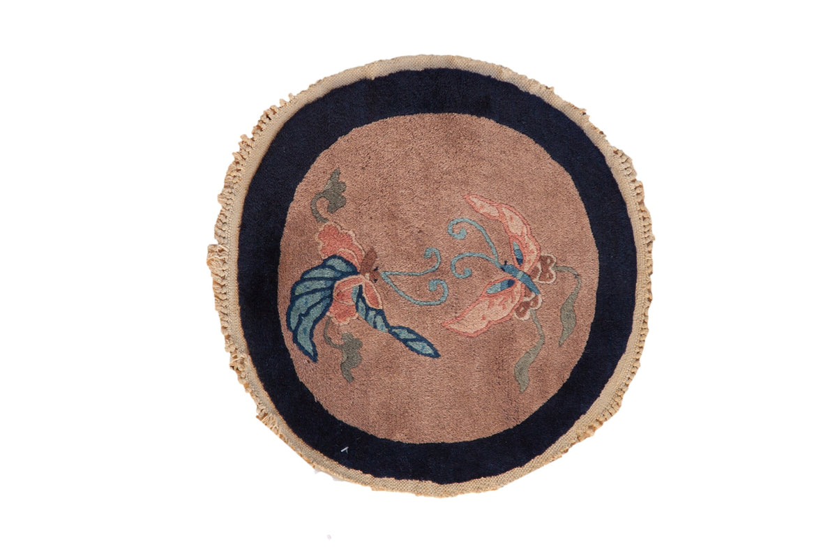 1.5x1.5 Antique Art Deco round rug mat featuring two butterflies and a wide banded solid color border in blues and greens