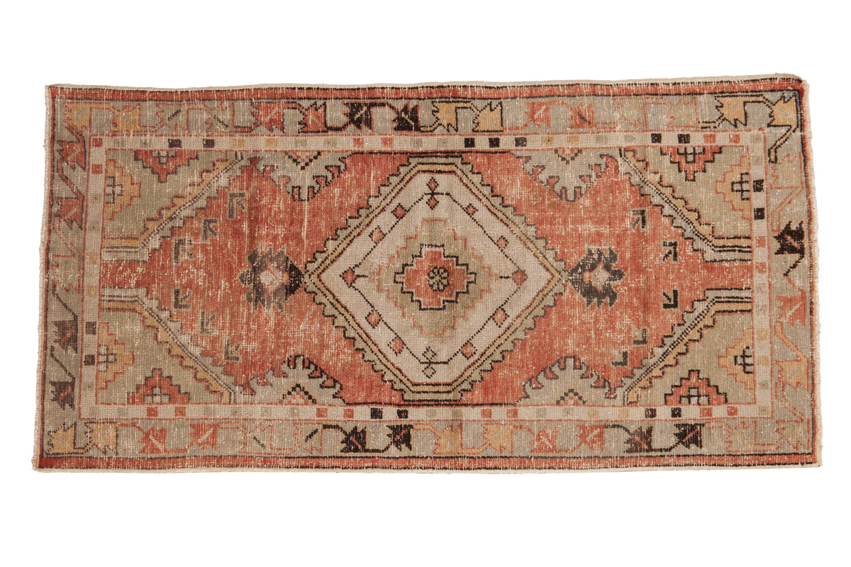 2.5x5.5 Vintage Distressed Oushak Rug Runner displaying diamond center medallion and floral borders in dusty rose, slate blue and seafoam shades