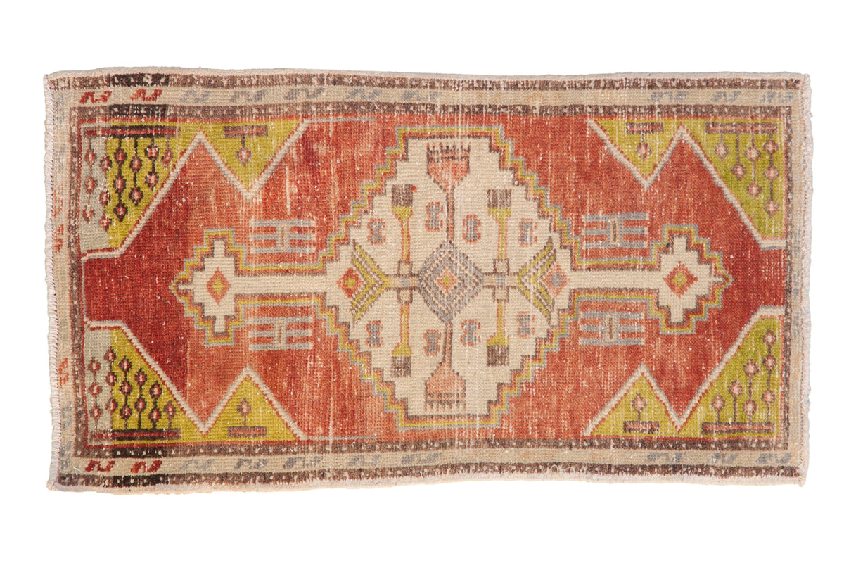 1.5x3 Vintage Distressed Oushak Rug Mat with stepped center medallion and geometric blossom design in deep terra cotta and copper tones