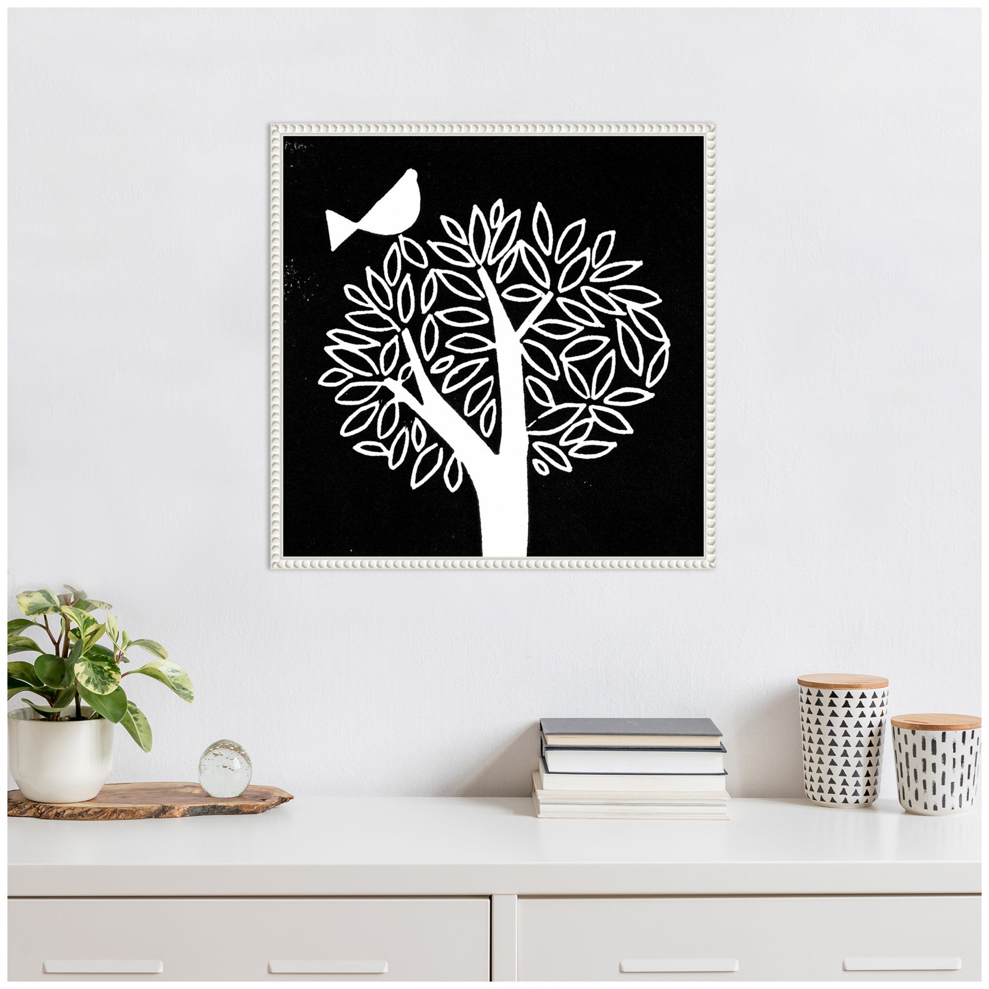 Sylvie Black and White Bird Tree Linocut Framed Canvas by Giuliana Lazzerini
