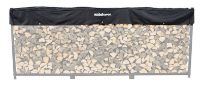 Woodhaven Short Firewood Rack Seasoning Cover in black on a firewood rack