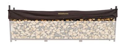Woodhaven Short Firewood Rack Seasoning Cover in black on a firewood rack