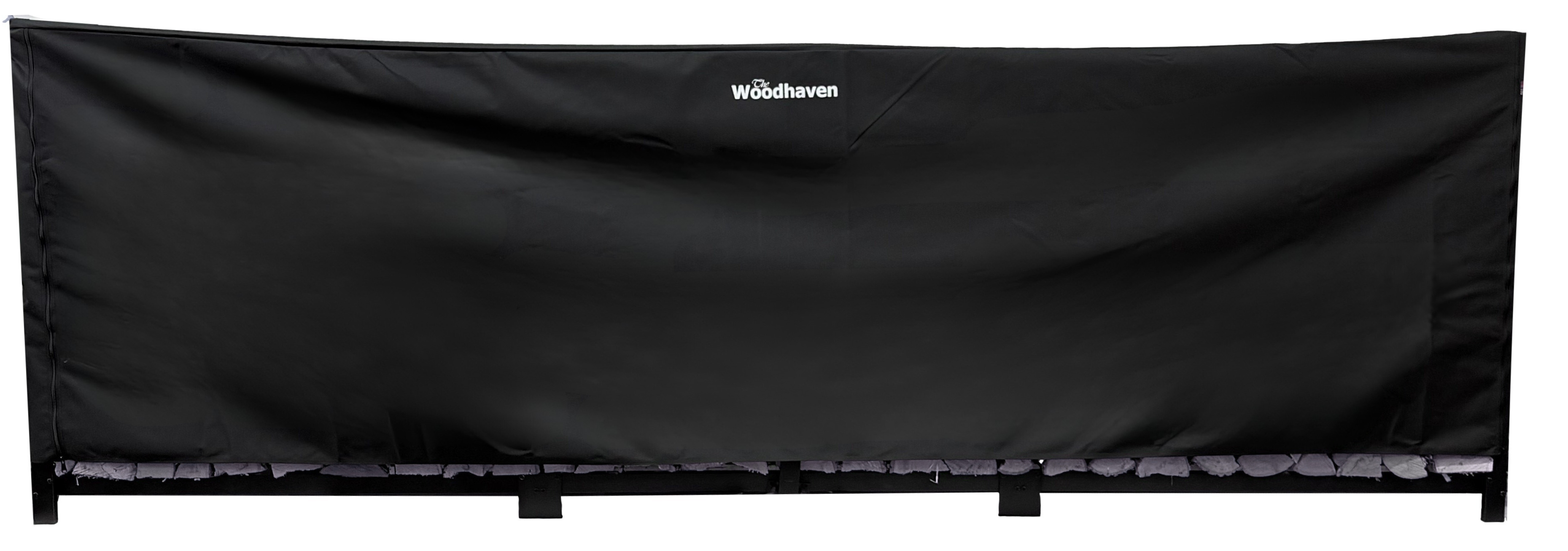 Woodhaven Full Firewood Rack Cover with zipper closure protecting stacked firewood outdoors