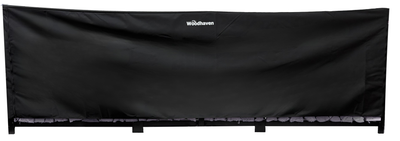 Woodhaven Full Firewood Rack Cover with zipper closure protecting stacked firewood outdoors