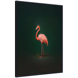 Bright pink flamingo standing in profile against a deep rich green background on a framed canvas print with a subtle dark ornate border.