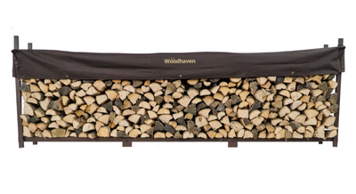Woodhaven 12 ft Firewood Rack holding stacked firewood outdoors