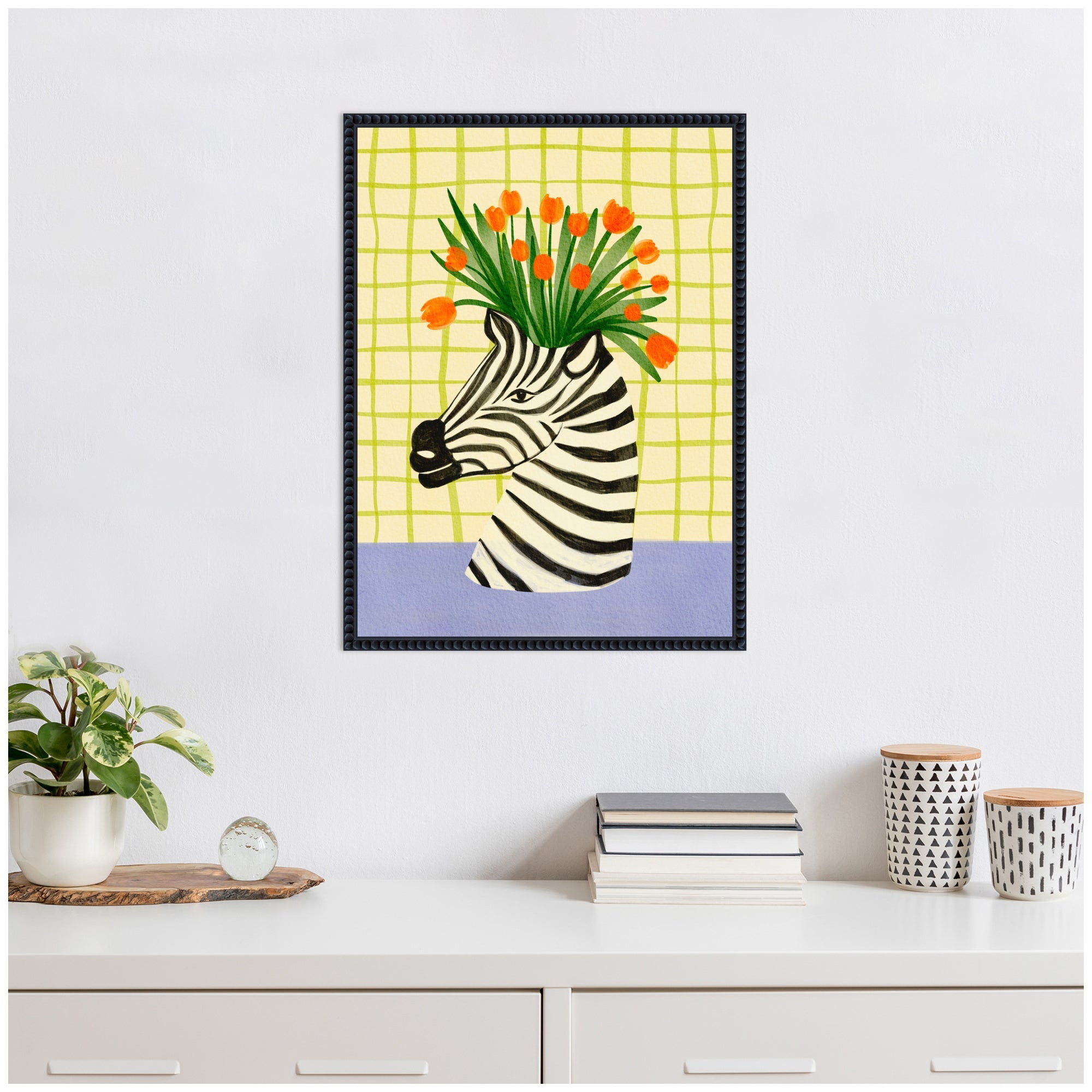 Sylvie Zebra Vase Framed Canvas by Nikita Jariwala