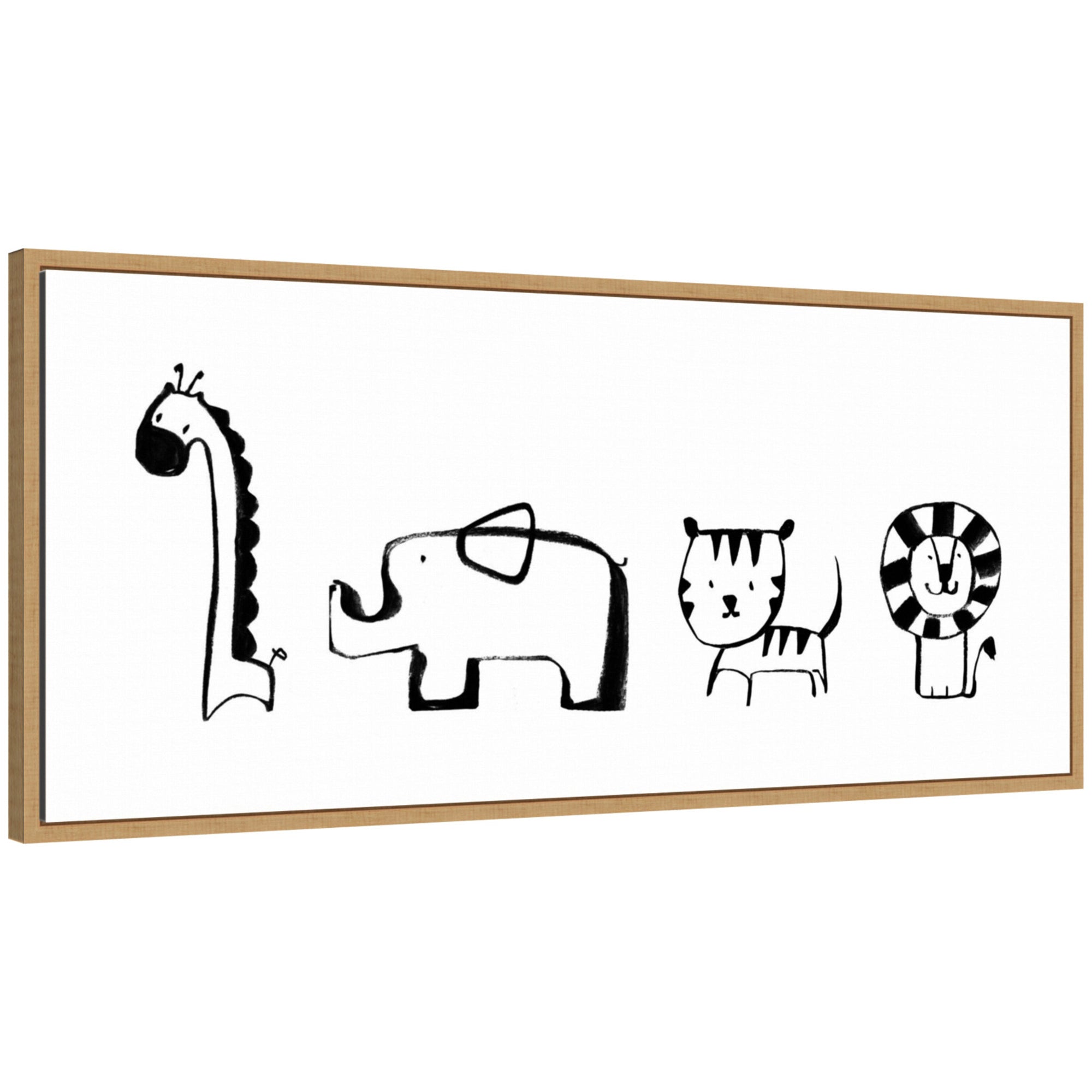 Framed canvas art featuring minimalist sketches of a giraffe, elephant, tiger, and lion