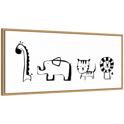 Framed canvas art featuring minimalist sketches of a giraffe, elephant, tiger, and lion