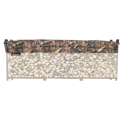 Woodhaven Short Firewood Rack Seasoning Cover in black on a firewood rack