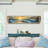 Wave Symphony Wooden Wall Art showing ocean wave design with sunrise glow by G. DeBrekht