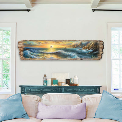 Wave Symphony Wooden Wall Art showing ocean wave design with sunrise glow by G. DeBrekht