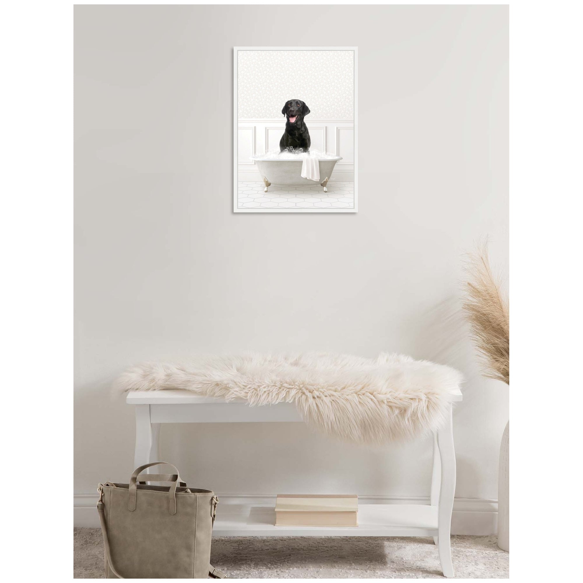 Sylvie Black Lab in White Bathtub Framed Canvas by Amy Peterson