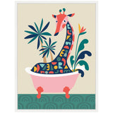 Stylized giraffe with a multicolored geometric pattern sitting in a pink clawfoot bathtub surrounded by green tropical plants on a beige background.
