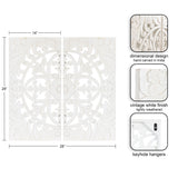 Two-panel white carved wood wall art with symmetrical floral and vine pattern in a circular design, featuring a lightly weathered vintage finish and keyhole hangers on the back.