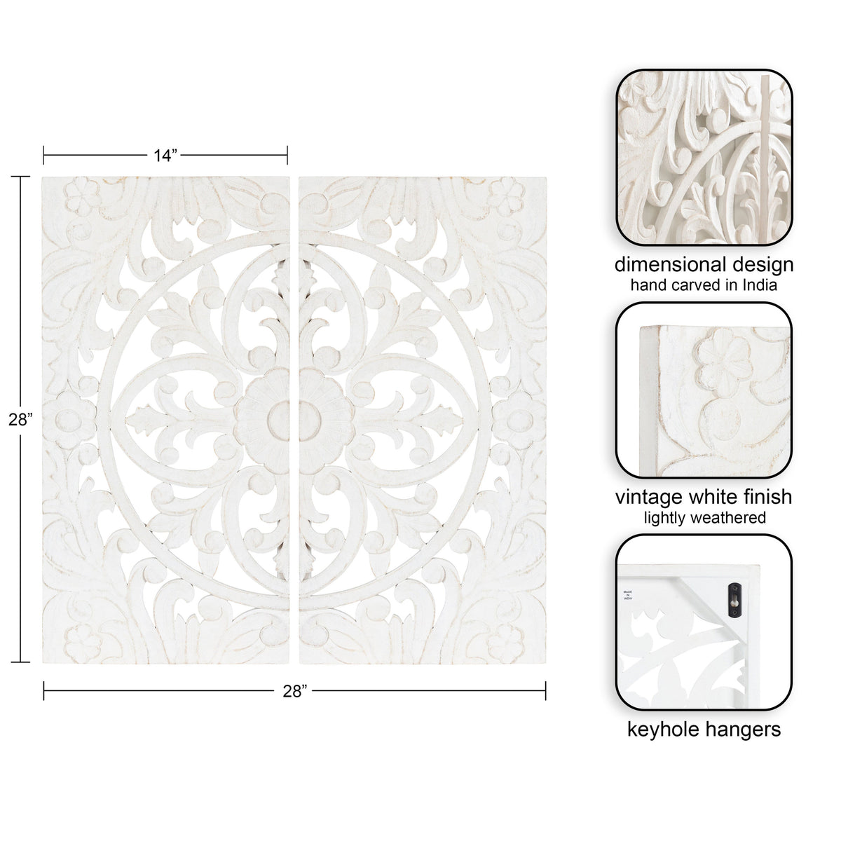 Two-panel white carved wood wall art with symmetrical floral and vine pattern in a circular design, featuring a lightly weathered vintage finish and keyhole hangers on the back.